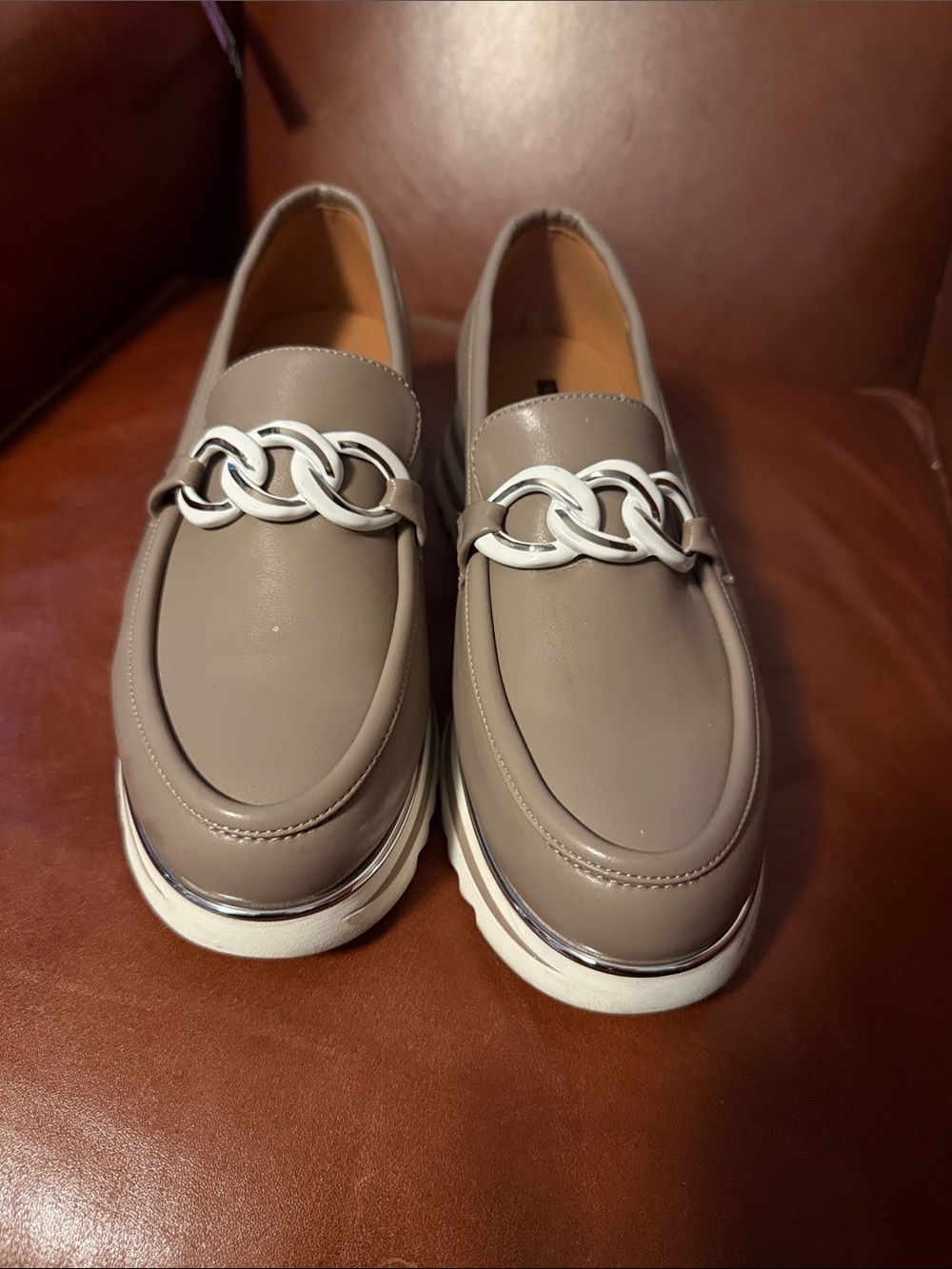 Womens Taupe Slip-On Loafers with Silver Chain Detail worn 3 times